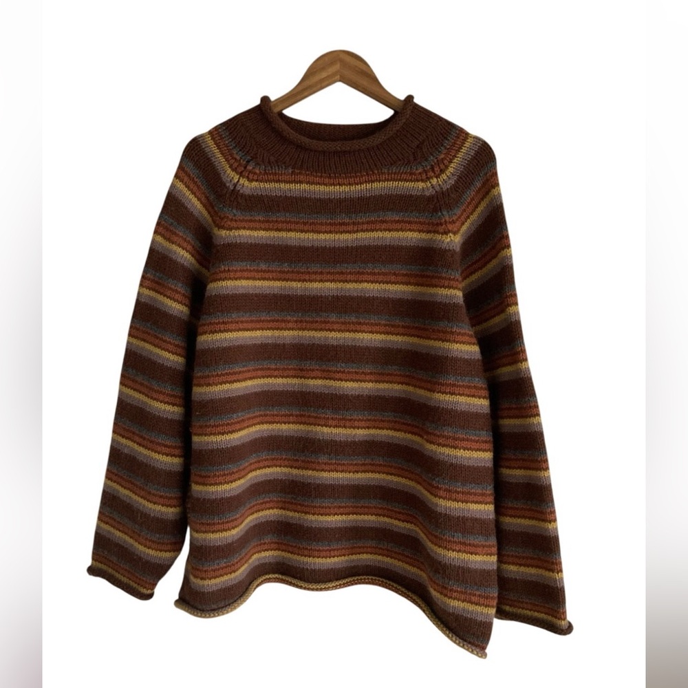 Vintage Peruvian Trading Co Brown Tan Striped Rollneck Wool Retro 90s Sweater